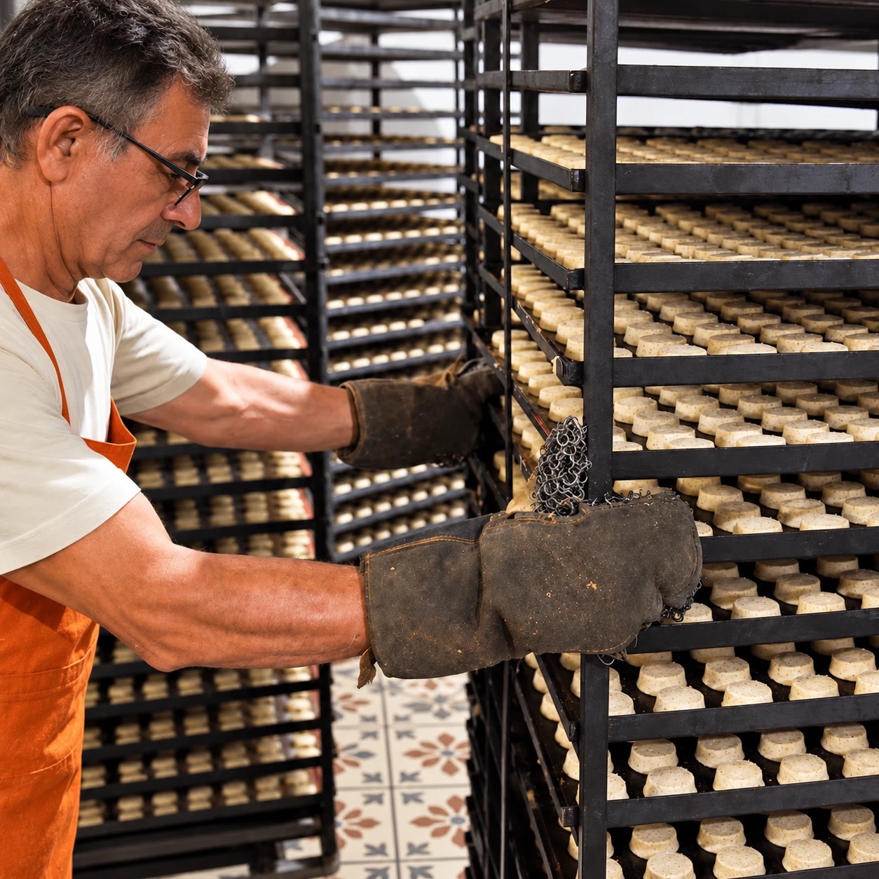 Panadero sacando las bandejas de mantecados del horno del obrador